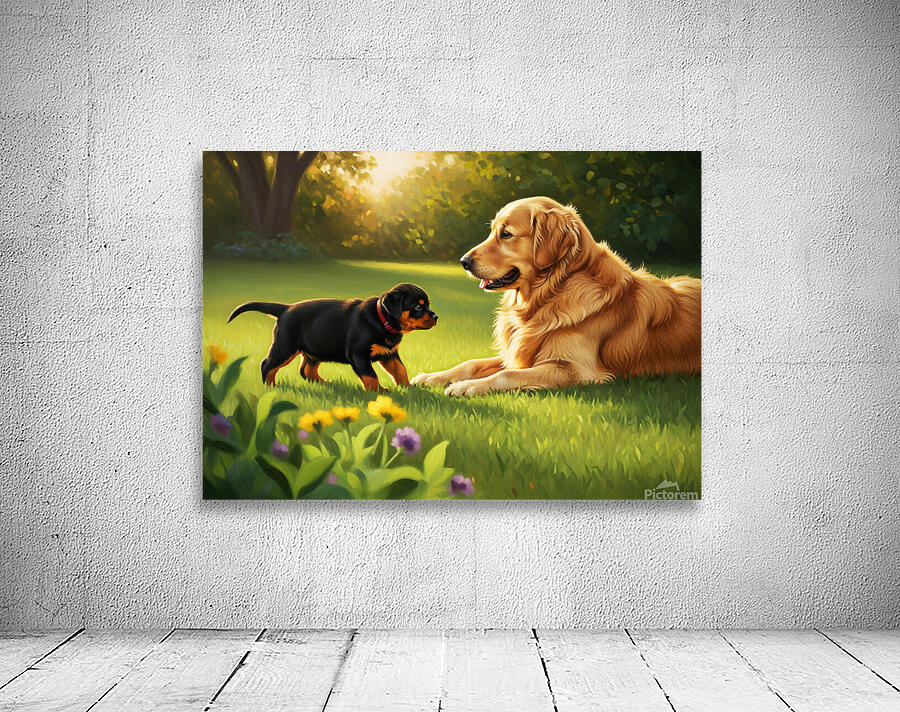 Rottweiler Puppy Meets Big Golden Friend In Garden Wall Preview