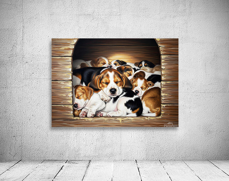 Beagle Puppy Sleeps Peacefully With Puppy Pile Wall Preview