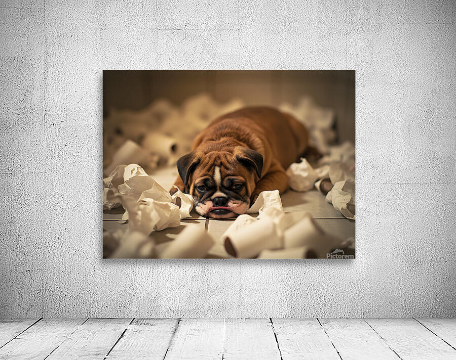 Exhausted Bulldog Puppy After Paper Battle Wall Preview