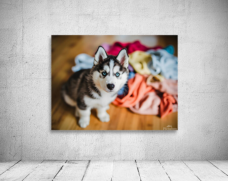 Husky Puppy Discovers Laundry Pile Wall Preview