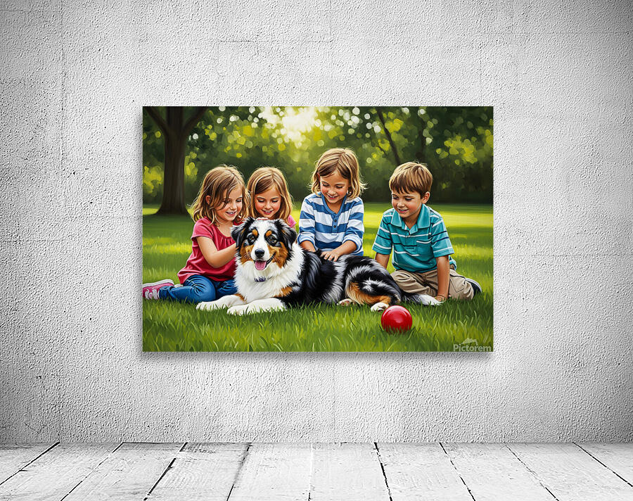Tired Australian Shepherd Puppy Rests With Children Wall Preview