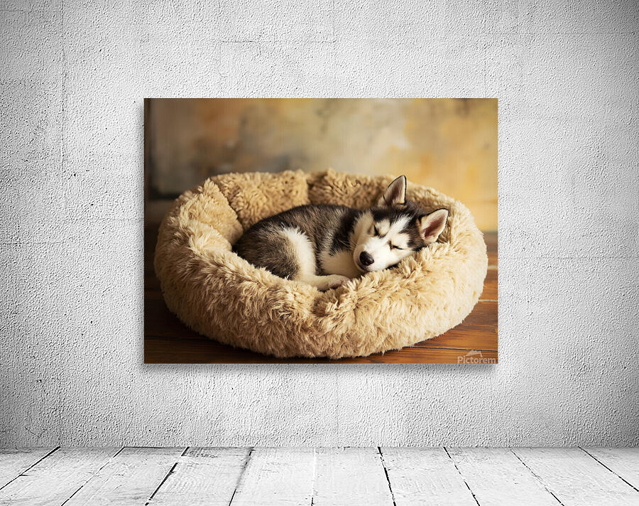 Sleepy Husky Puppy Napping In Corner Of Giant Bed Wall Preview