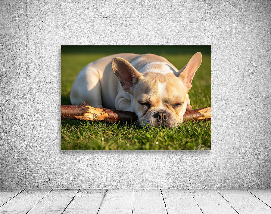 Tired French Bulldog Puppy Rests After Stick Chewing Session Wall Preview