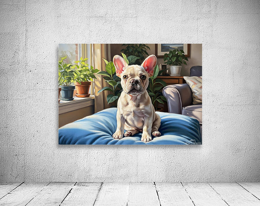 French Bulldog Puppy Sits Alert On Blue Cushion Wall Preview