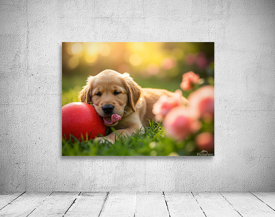 Exhausted Golden Retriever Puppy Rests Beside The Giant Ball Wall Preview