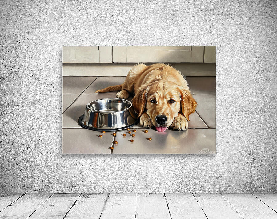 Satisfied Golden Retriever Puppy After Finishing Meal Wall Preview