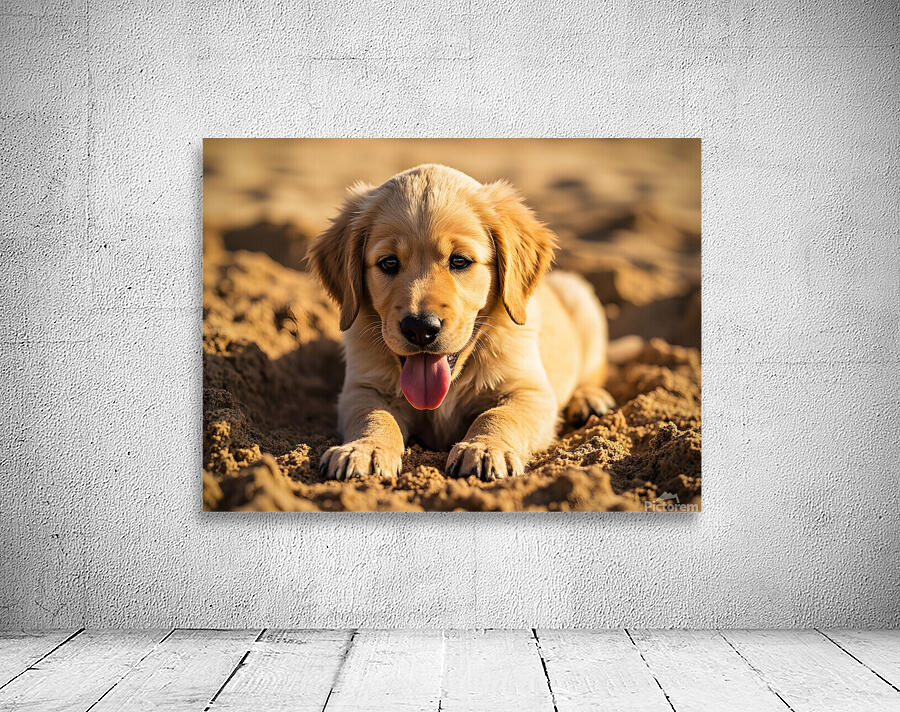 Happy Golden Retriever Puppy Sits In Ruins Of Destroyed Castle Wall Preview