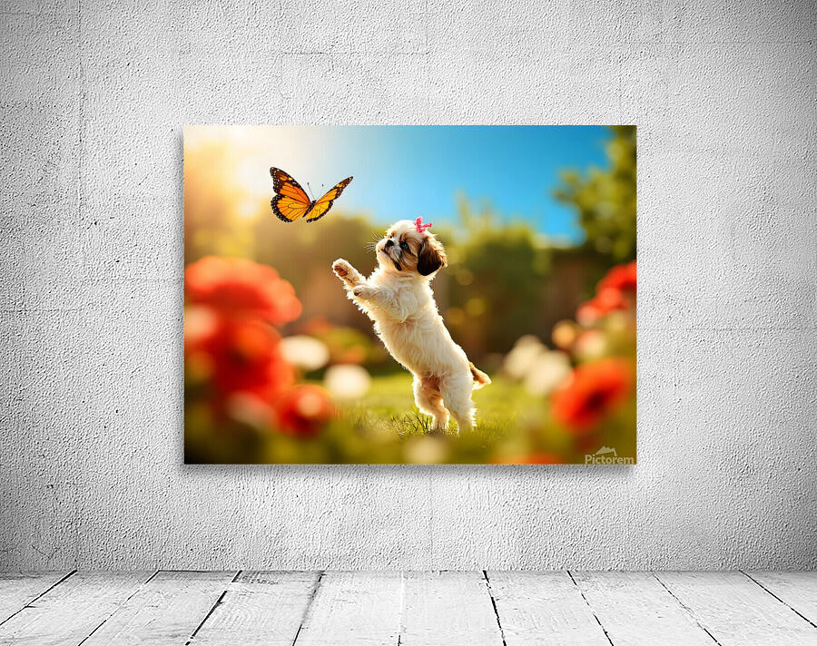 Shih Tzu Puppy Discovers Beautiful Butterfly In Garden Wall Preview