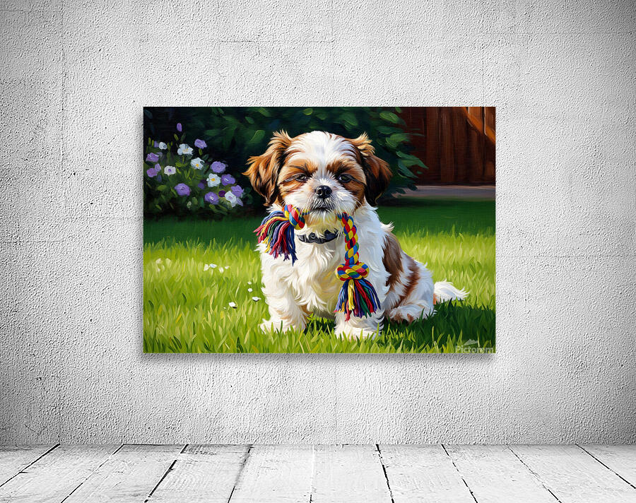 Shih Tzu Puppy Plays With Rope Toy In Garden Wall Preview