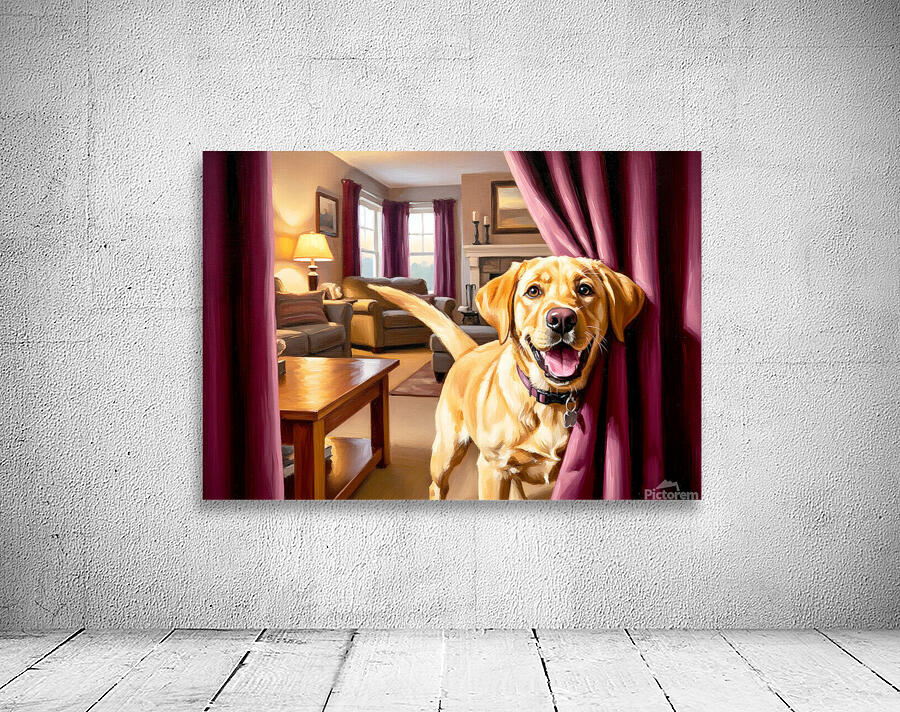 Happy Labrador Puppy Running From Dark Blue Curtains Wall Preview