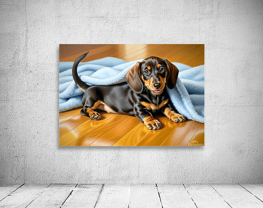 Sleepy Dachshund Puppy Napping Under Cozy Blue Blanket Wall Preview