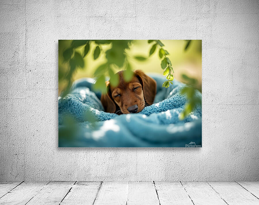 Peaceful Dachshund Puppy Sleeps In Basket Bed Wall Preview