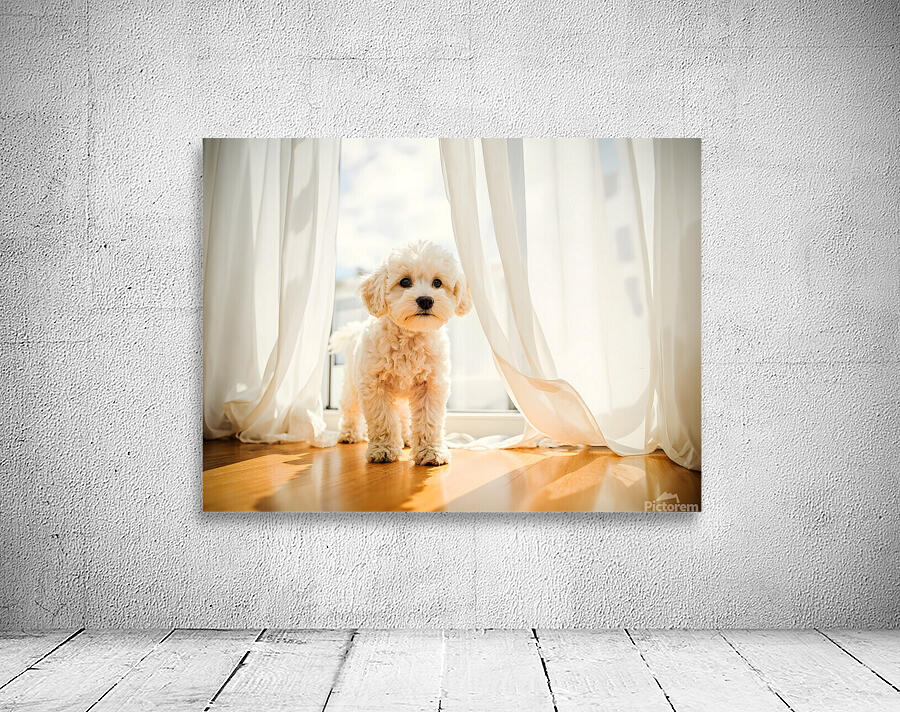Poodle Puppy Peeking Behind Burgundy Curtains Wall Preview