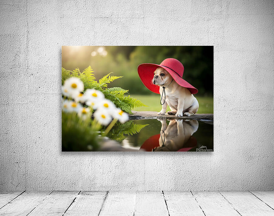 Happy French Bulldog Puppy Rests In Shade Under His Hat Wall Preview