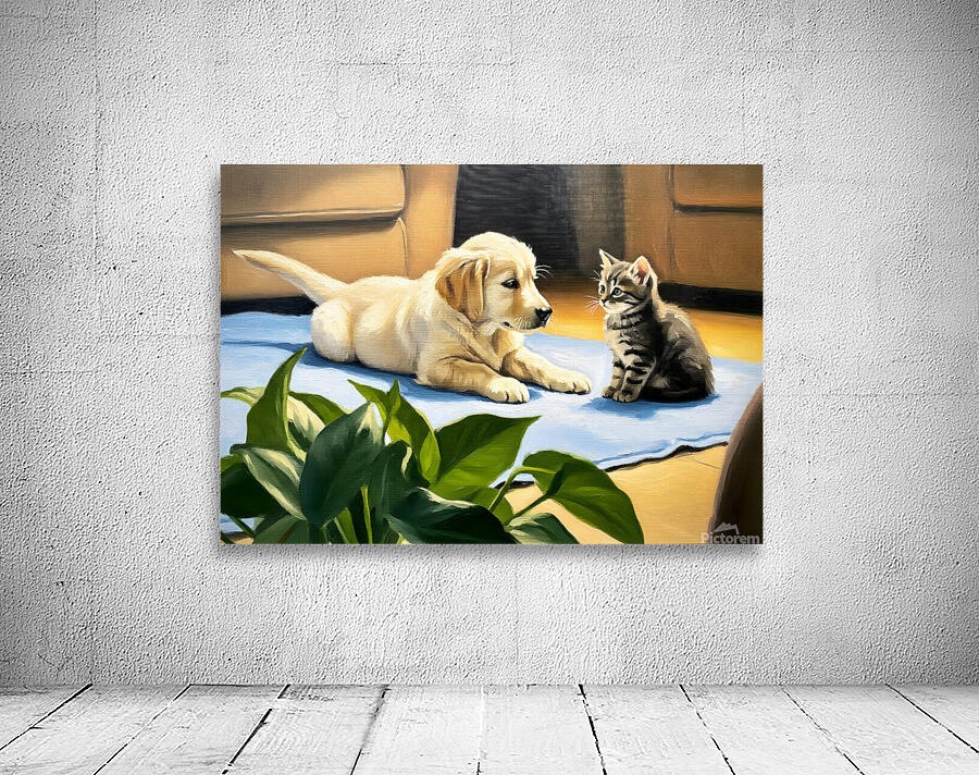 Golden Retriever Puppy Meets New Kitten Friend Wall Preview