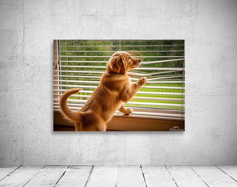 Golden Retriever Puppy Watches Rain Through Window Wall Preview