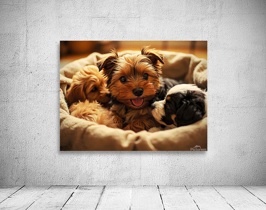 Yorkshire Terrier Puppy In Cozy Laundry Basket With Friends Wall Preview