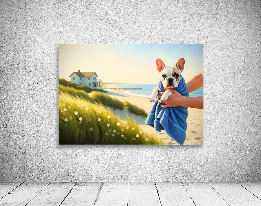 French Bulldog Puppy Wrapped In Beach Towel After Swimming Wall Preview