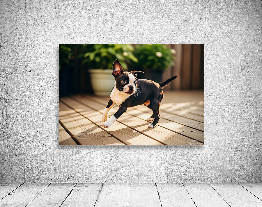 Boston Terrier Puppy Bouncing In Garden Wall Preview