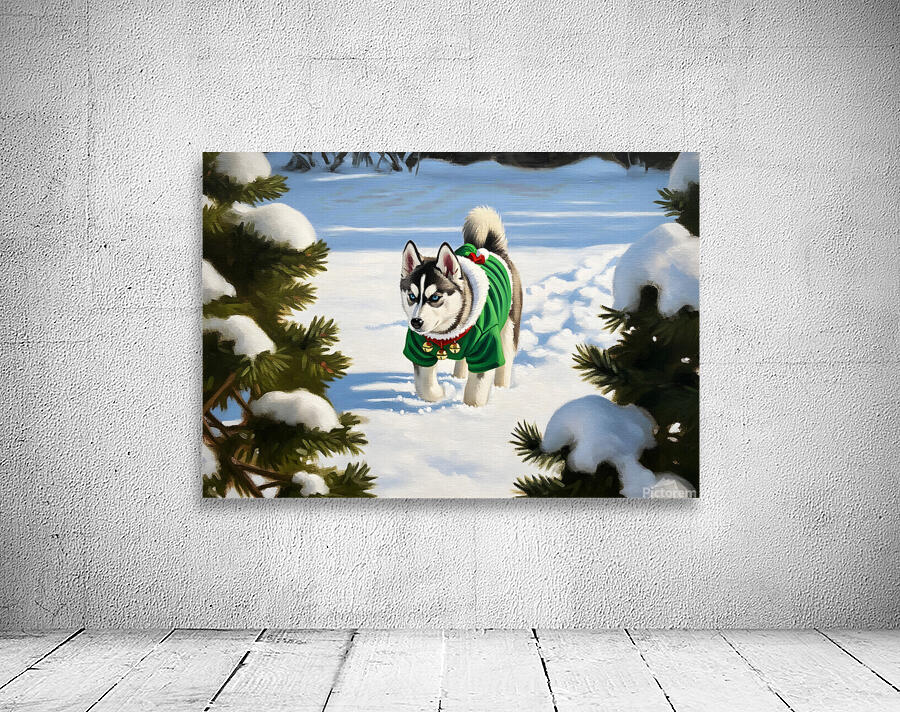 Siberian Husky Puppy In Red Holiday Costume Indoors Wall Preview