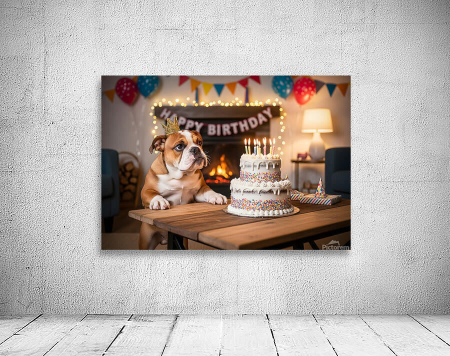 Bulldog Puppy With Golden Crown At Birthday Party Wall Preview