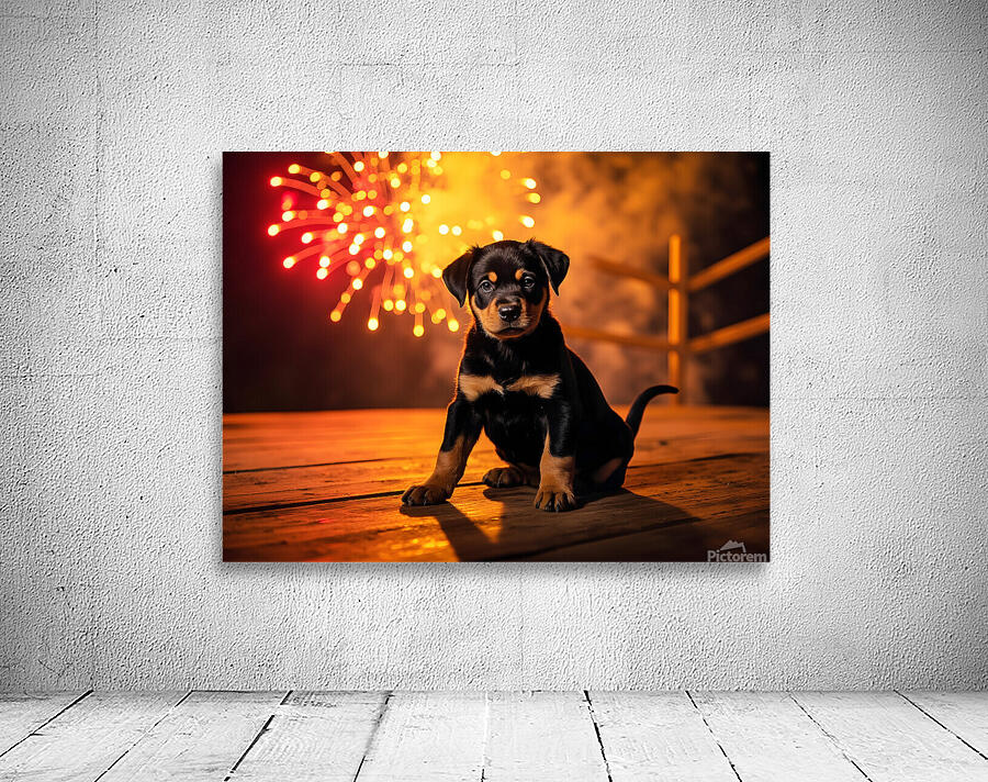 Rottweiler Puppy Watches First Fireworks Display Wall Preview