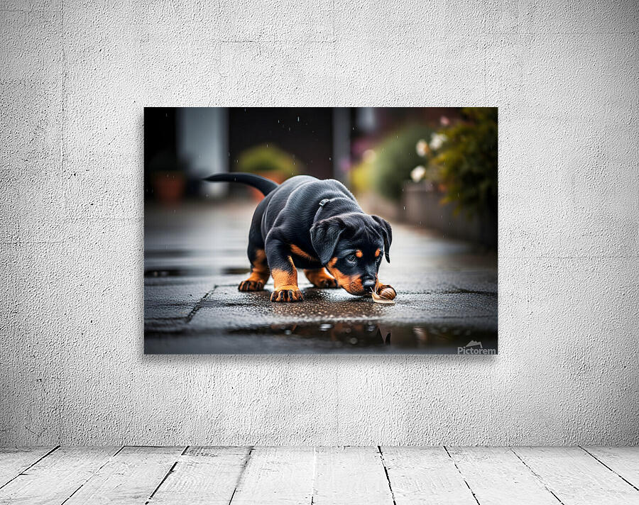 Rottweiler Puppy Discovers Garden Snail On Rainy Day Wall Preview