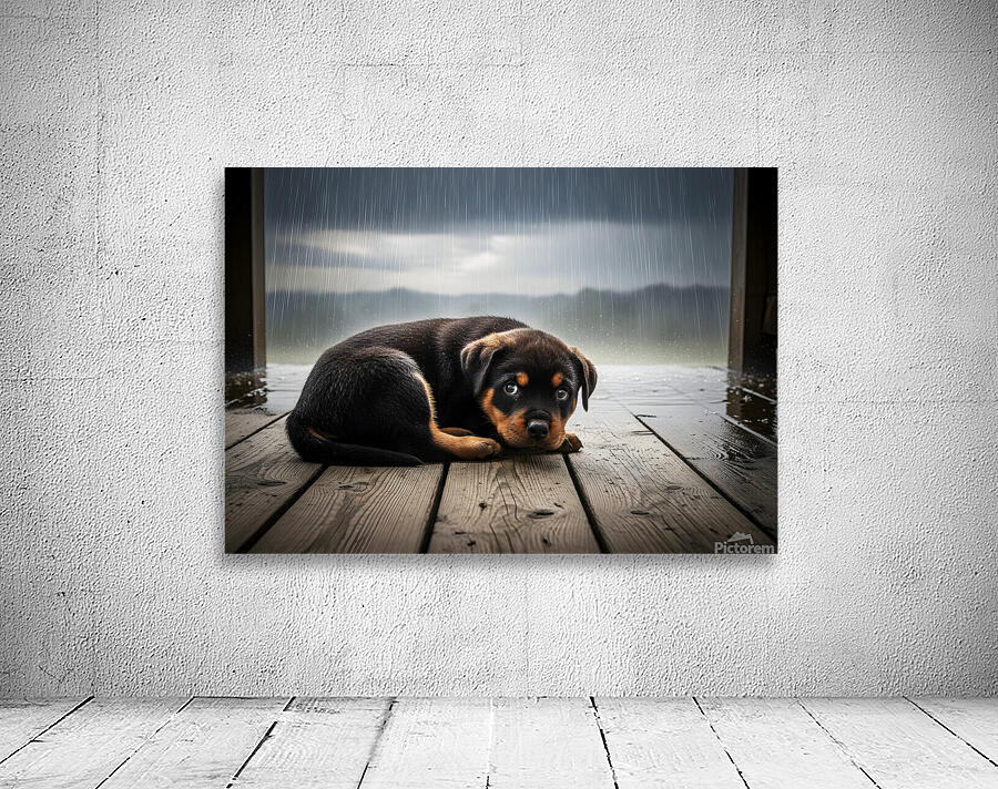 Rottweiler Puppy Seeks Shelter From Heavy Rain Wall Preview