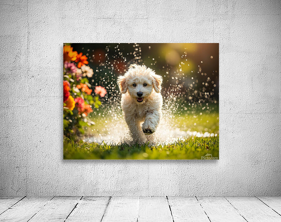 Tired Poodle Puppy Rests After Sprinkler Fun Wall Preview