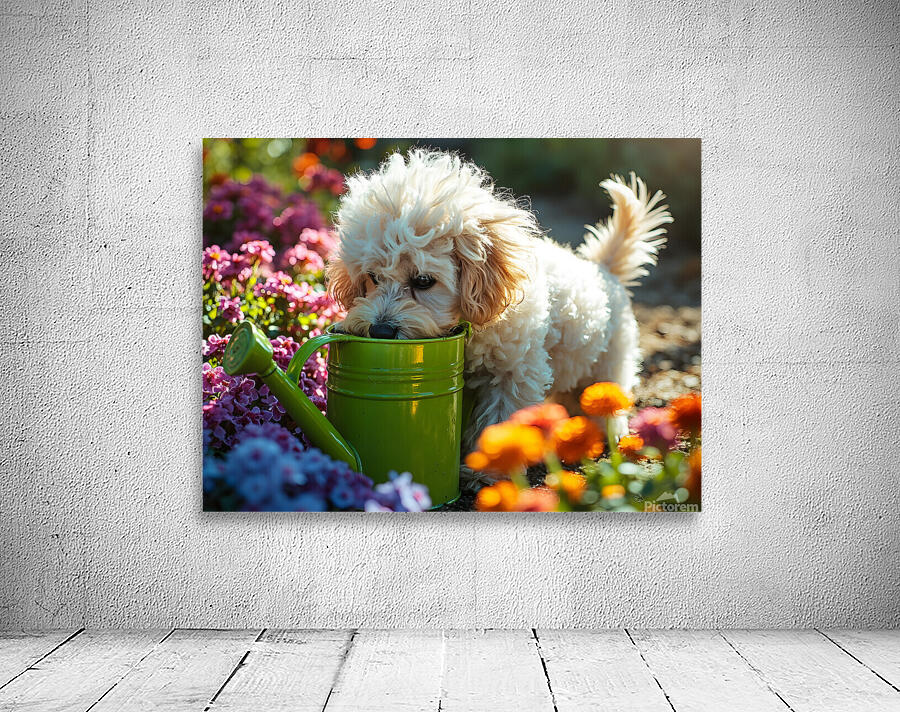 Free Poodle Puppy Sits By Overturned Watering Can Wall Preview