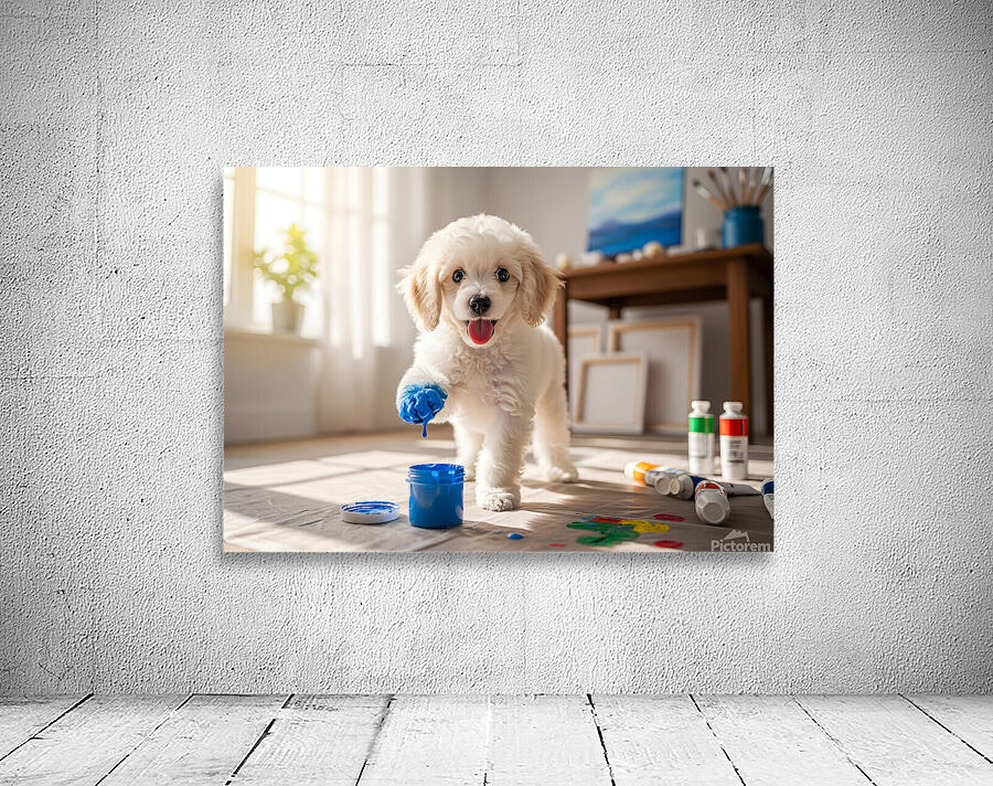 Poodle Puppy Discovers Colorful Paint Containers Wall Preview