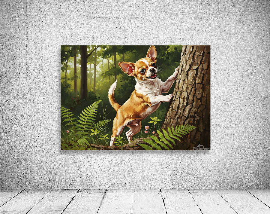 Chihuahua Puppy Spots Squirrel In Tree Wall Preview