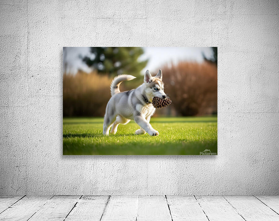 Siberian Husky Puppy Discovers Pinecone In Sunny Garden Wall Preview