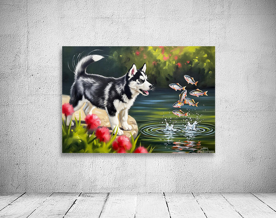 Happy Husky Puppy Enjoys Pond Watching Wall Preview