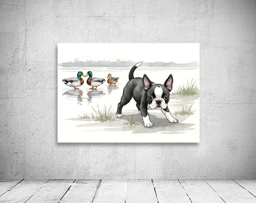 Puppy Watches His New Duck Friends Swimming Peacefully Wall Preview