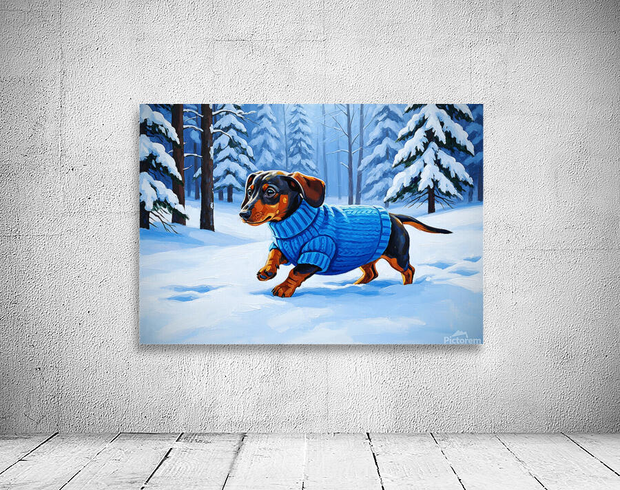 Dachshund Puppy Discovers Winter Snow In Red Sweater Wall Preview