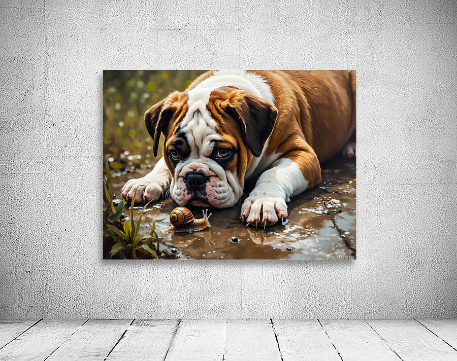 Protective Bulldog Puppy Shields Snail From Heavy Rain Wall Preview