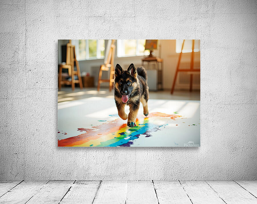 German Shepherd Puppy Discovers Colorful Paint Containers Wall Preview