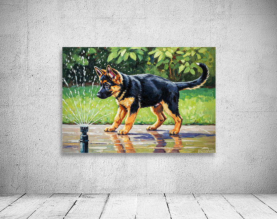 German Shepherd Puppy Discovers Backyard Sprinkler Wall Preview