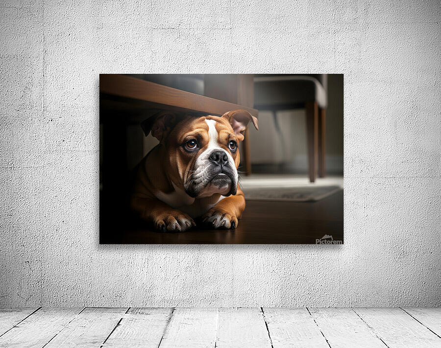 Brave Bulldog Puppy Feels Better Under Table Wall Preview