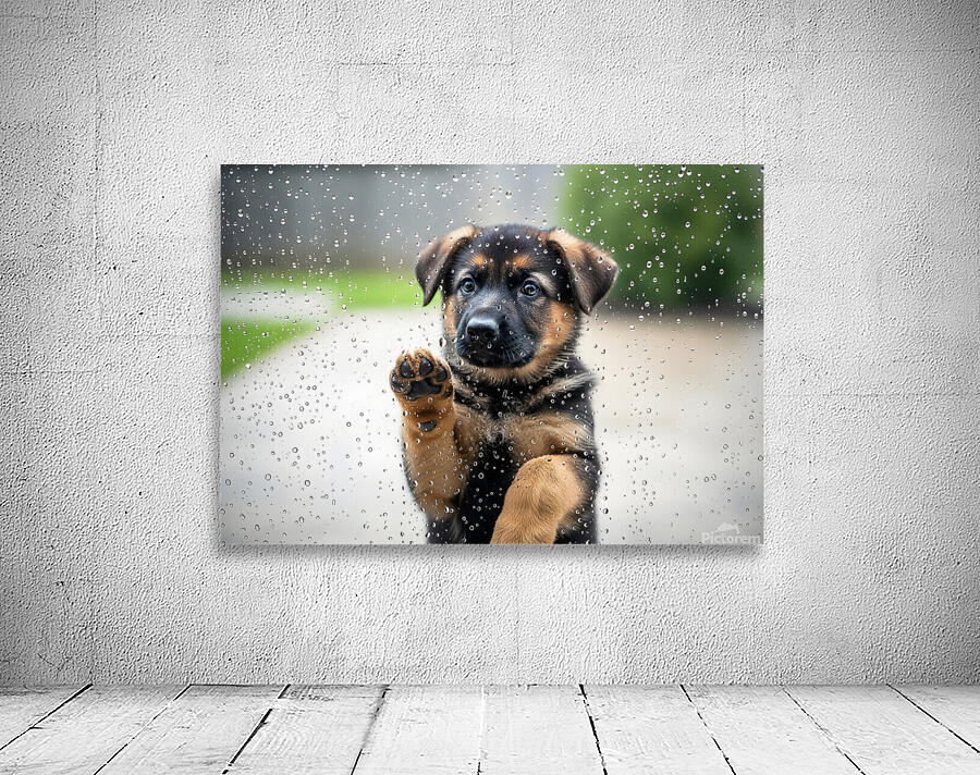 German Shepherd Puppy Discovers Raindrops On Glass Door Wall Preview