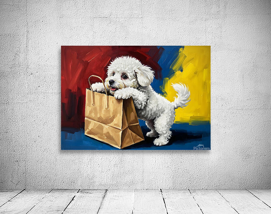 Bichon Frise Puppy Discovers Mysterious Shopping Bag Wall Preview