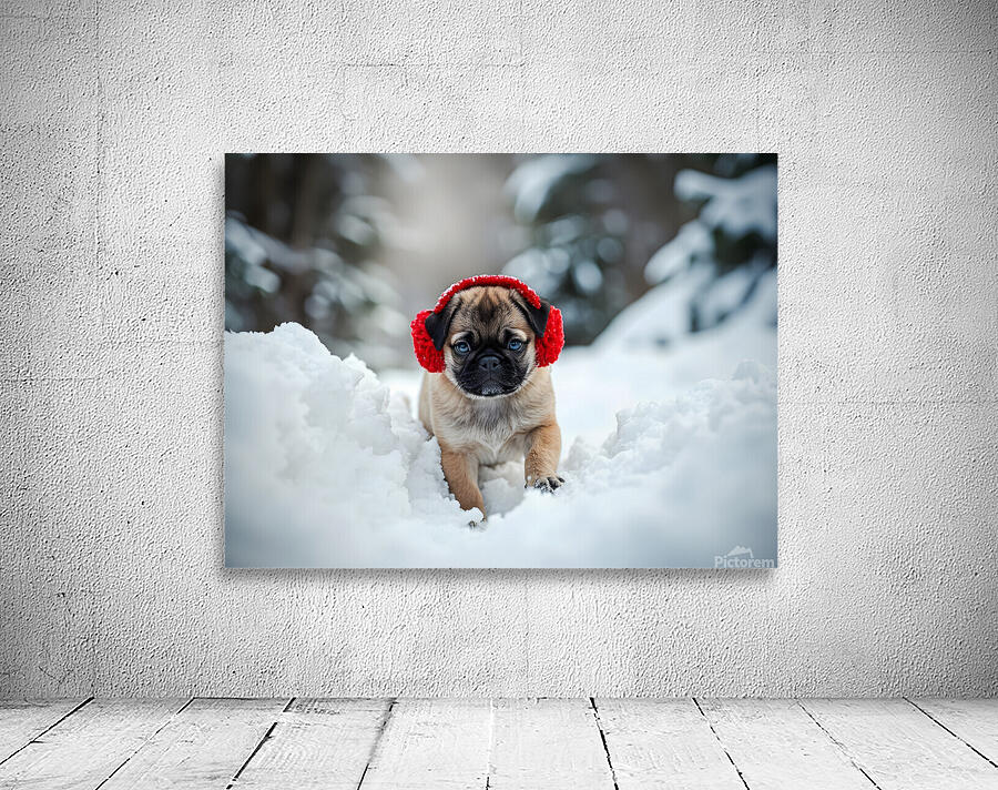 Pug Puppys First Snow Adventure With Red Earmuffs Wall Preview