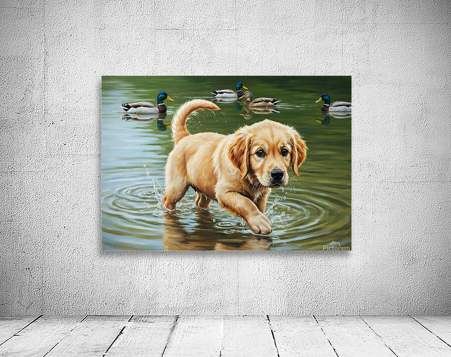 Happy Golden Retriever Puppy Plays With New Duck Friends At Pond Wall Preview