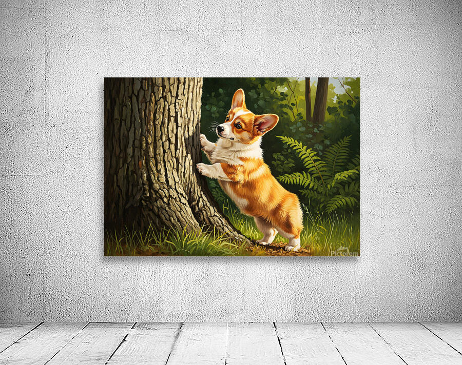 Corgi Puppy Spots Squirrel At Tree Base Wall Preview