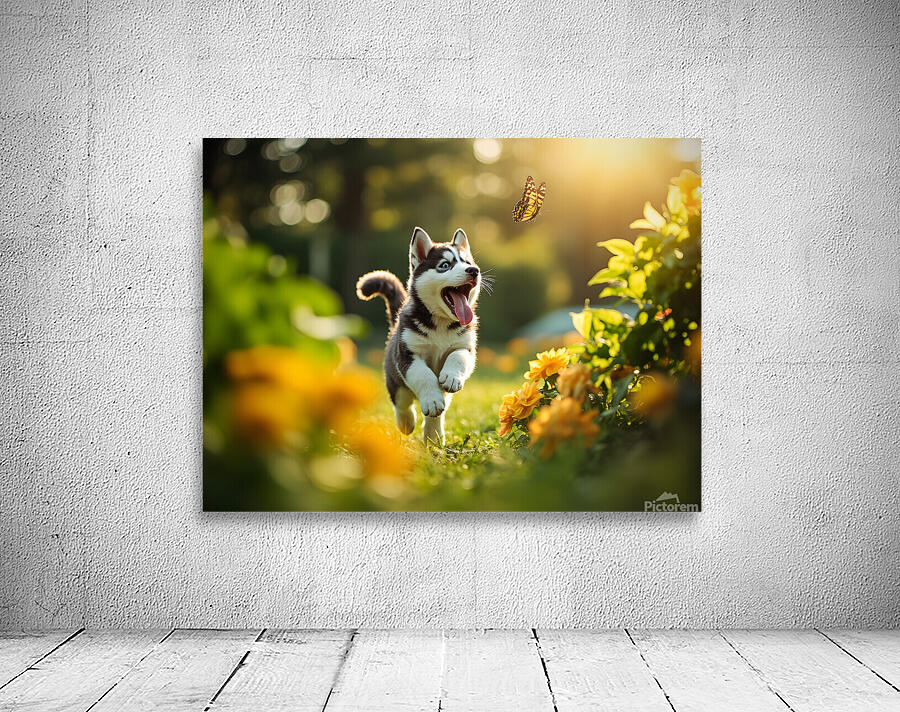 Husky Puppy Spots A Beautiful Butterfly In Garden Wall Preview