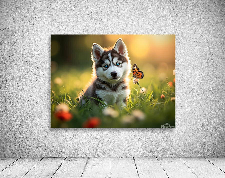 Butterfly Lands Gently On Husky Puppys Nose Wall Preview