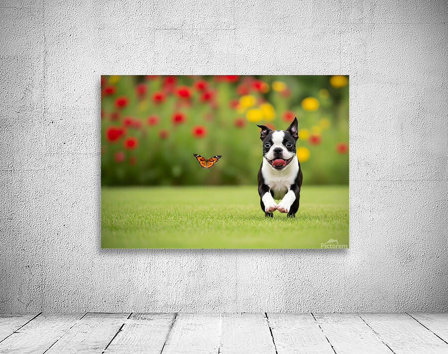 Boston Terrier Puppy And Butterfly Rest Together In Garden Wall Preview