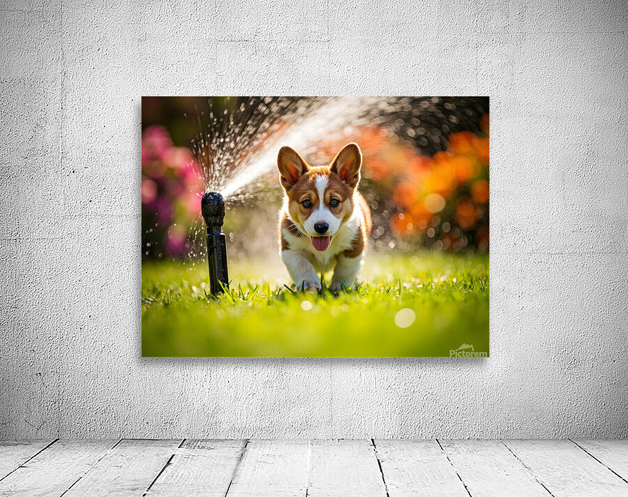 Happy Corgi Puppy Rests After Sprinkler Adventure Wall Preview