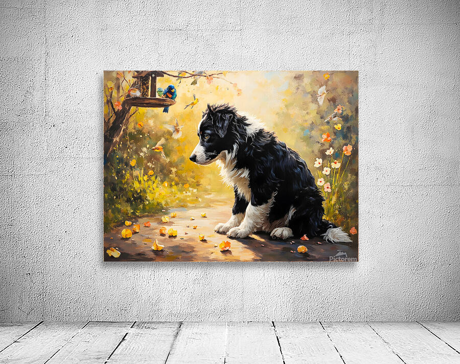 Content Border Collie Puppy Enjoys Watching Birds From Garden Below Wall Preview